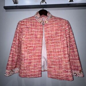 Chicos Pink Tweed Embellished Collar Cuff Cropped Jacket Blazer Women Sz 1  8/10